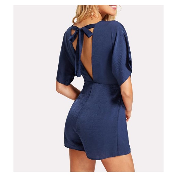 Navy Blue V Neck Short Sleeve Satin Romper - Picture 5 of 5